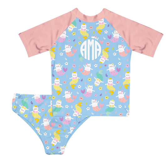 Catmermaid Monogram Light Blue and Coral 2pc Short Sleeve Rash Guard - Wimziy&Co.