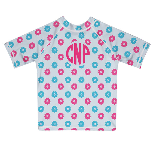 Flowers Print Monogram Light Blue Short Sleeve Rash Guard - Wimziy&Co.