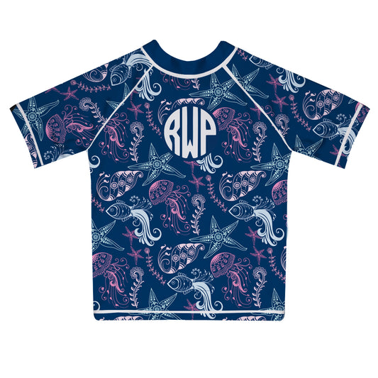 Jellyfish Print Monogram Navy Short Sleeve Rash Guard - Wimziy&Co.