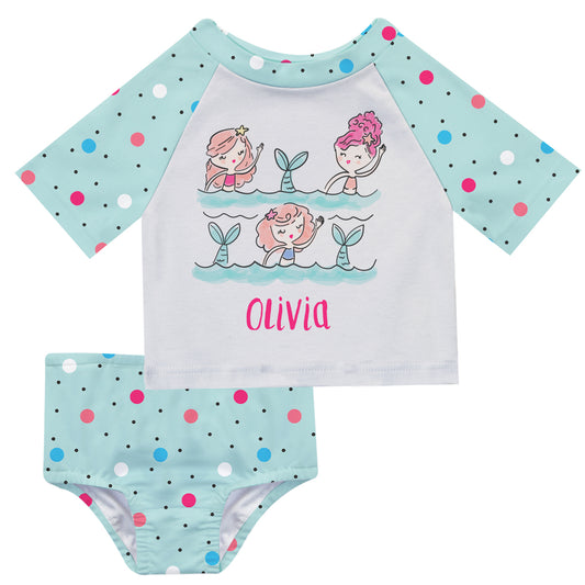 Mermaids Name White and Light Blue 2pc Short Sleeve Rash Guard - Wimziy&Co.