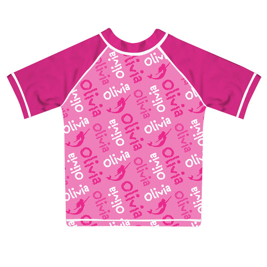Mermaid and Name Print Pink Short Sleeve Rash Guard - Wimziy&Co.
