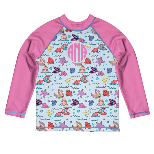 Mermaid Monogram Light blue and Pink Long Sleeve Rash Guard - Wimziy&Co.