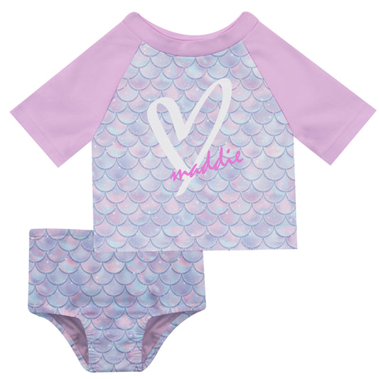 Squama Print Name Pink and Purple 2pc Short Sleeve Rash Guard - Wimziy&Co.