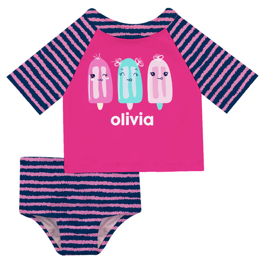 Popsicles Name Navy and Pink Stripes 2pc Short Sleeve Rash Guard - Wimziy&Co.