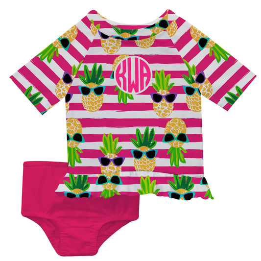 Pineapple Glasses Hot Pink Stripes 2pc Short Sleeve Rashguards - Wimziy&Co.