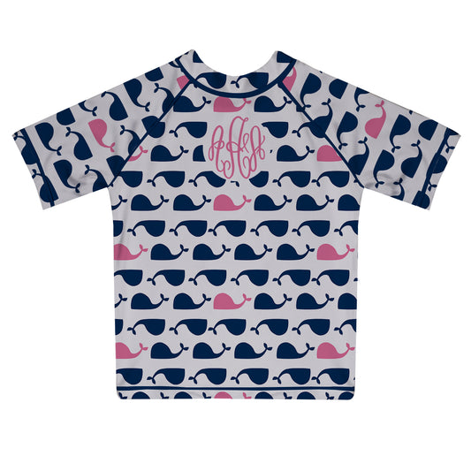 Whales Print Monogram White Short Sleeve Rash Guard - Wimziy&Co.