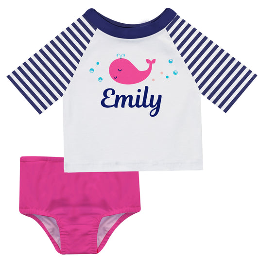Whale Name White and Navy Stripes 2pc Short Sleeve Rash Guard - Wimziy&Co.