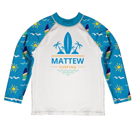 Board and Sun Name White and Blue Long Sleeve Rash Guard - Wimziy&Co.