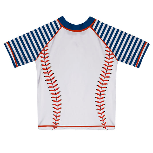 Baseball White and Navy Short Sleeve Rash Guard