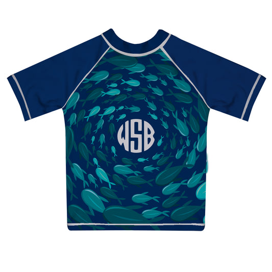 Fishes Print Monogram Navy Short Sleeve Rash Guard - Wimziy&Co.