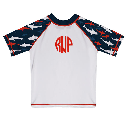 Sharks Print Monogram White and Navy Short Sleeve Rash Guard - Wimziy&Co.