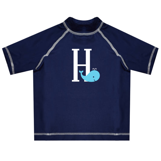 Whale Initial Name Navy Short Sleeve Rash Guard - Wimziy&Co.