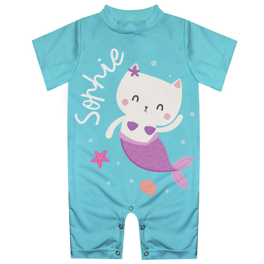 Mermaid Cat Personalized Name Aqua Romper Rash Guard