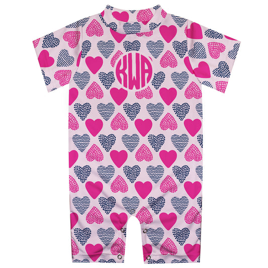Hearts Print Monogram Pink Romper - Wimziy&Co.