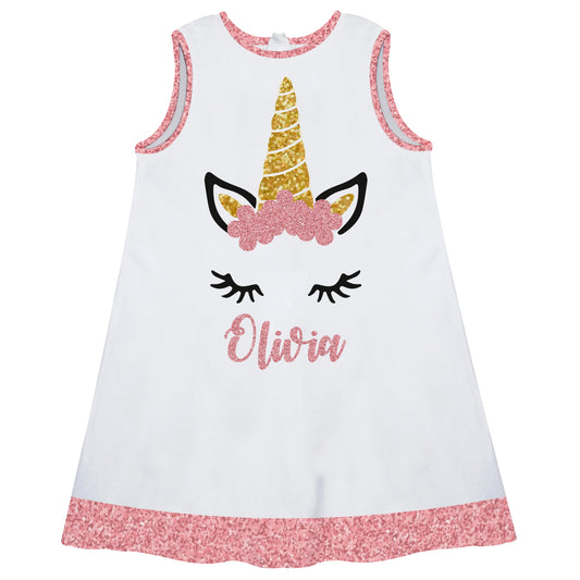 White and pink unicorn face a line dress with name - Wimziy&Co.