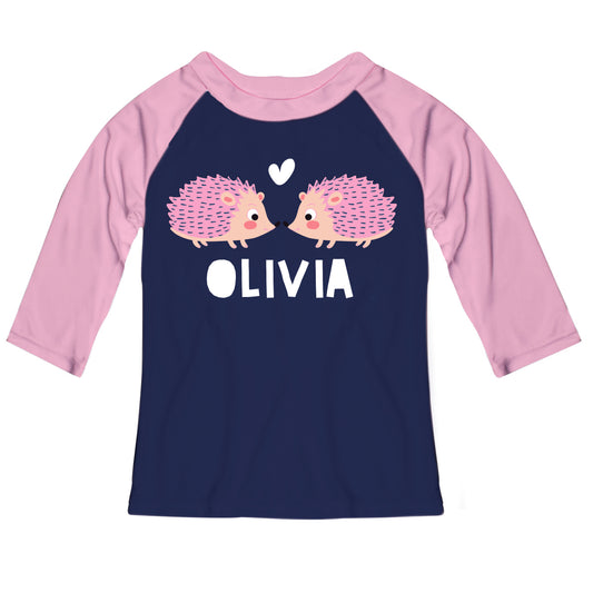 Hedgehogs Name Navy and Pink Raglan Tee Shirt Three quarter Sleeve - Wimziy&Co.