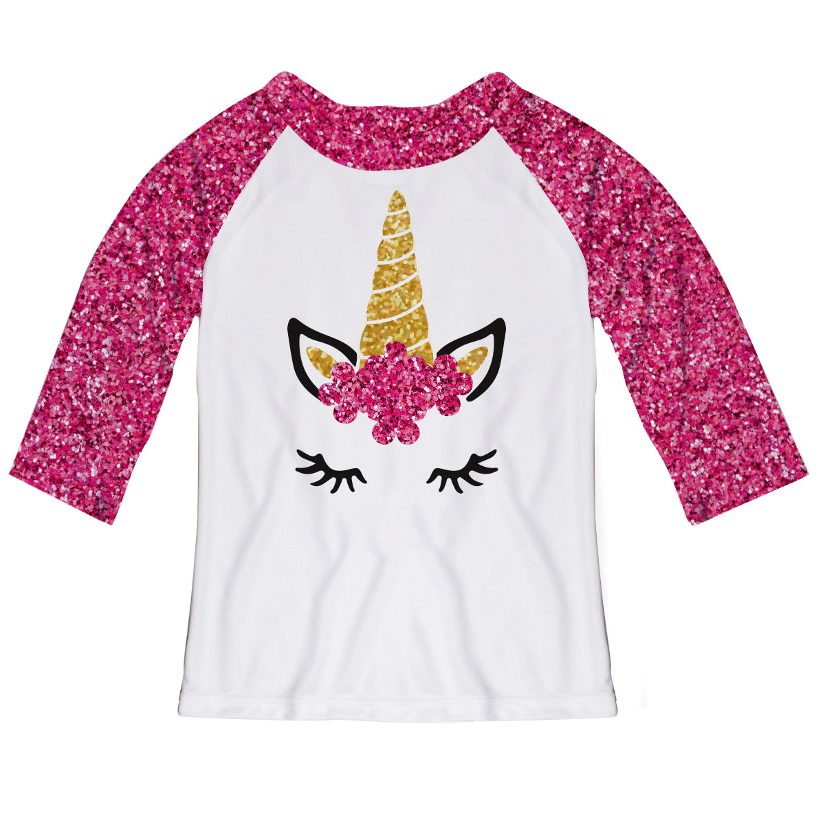 White and hot pink glitter unicorn face three quarter sleeve blouse with name - Wimziy&Co.