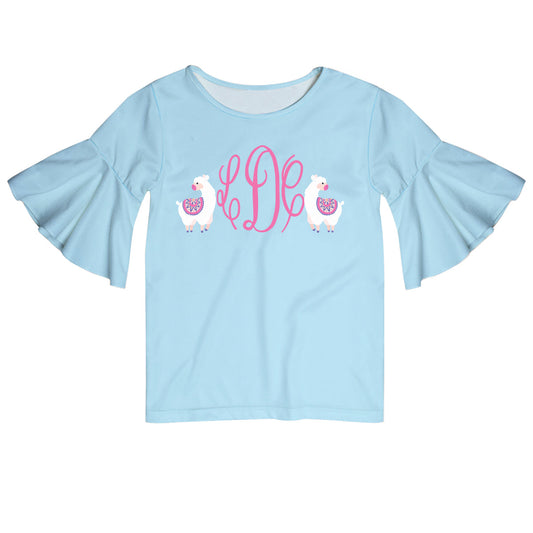 Light blue and white llamas bell sleeve blouse with monogram - Wimziy&Co.