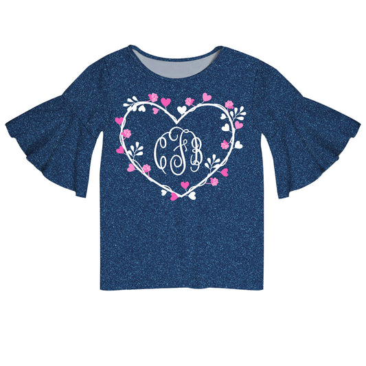 Heart Flowers Monogram Blue Denim Short Sleeve Ruffle Top - Wimziy&Co.