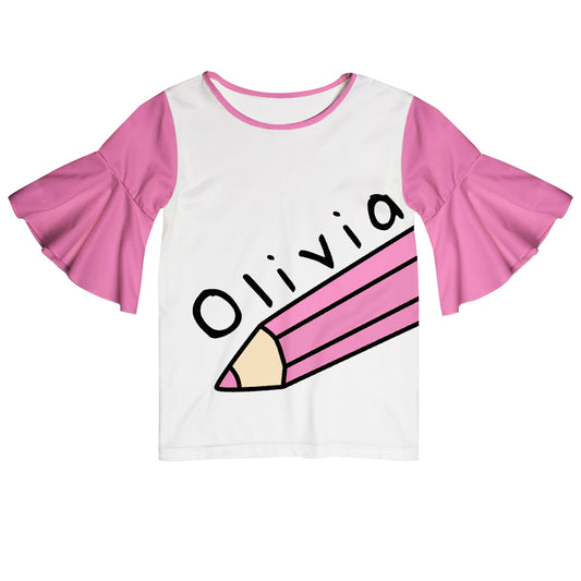Pencil Name White And Pink Short Sleeve Ruffle Top - Wimziy&Co.