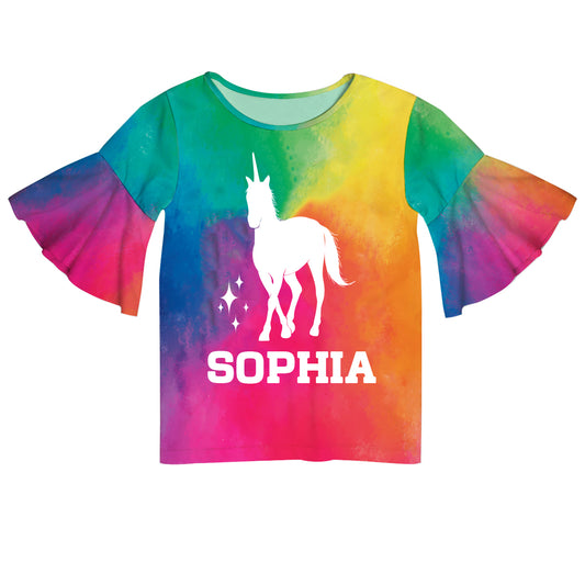Unicorn Name Rainbow Watercolor Short Sleeve Ruffle Top - Wimziy&Co.