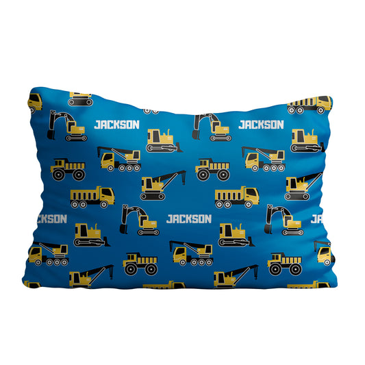 Construction machines and name print blue pillow case - Wimziy&Co.