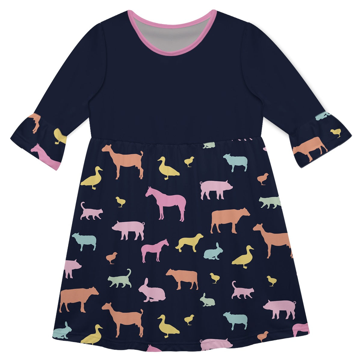 Farm Animals Print Name Navy Amy Dress 3/4 Sleeve - Wimziy&Co.