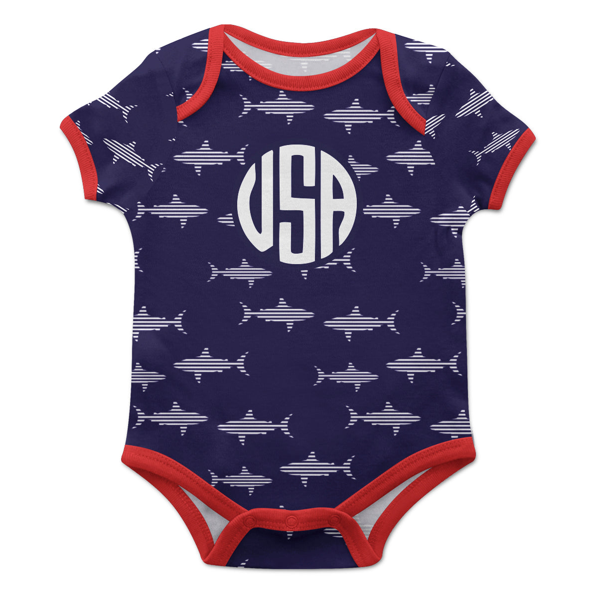 Sharks Print Monogram Navy  Boys Short Sleeve Onesie