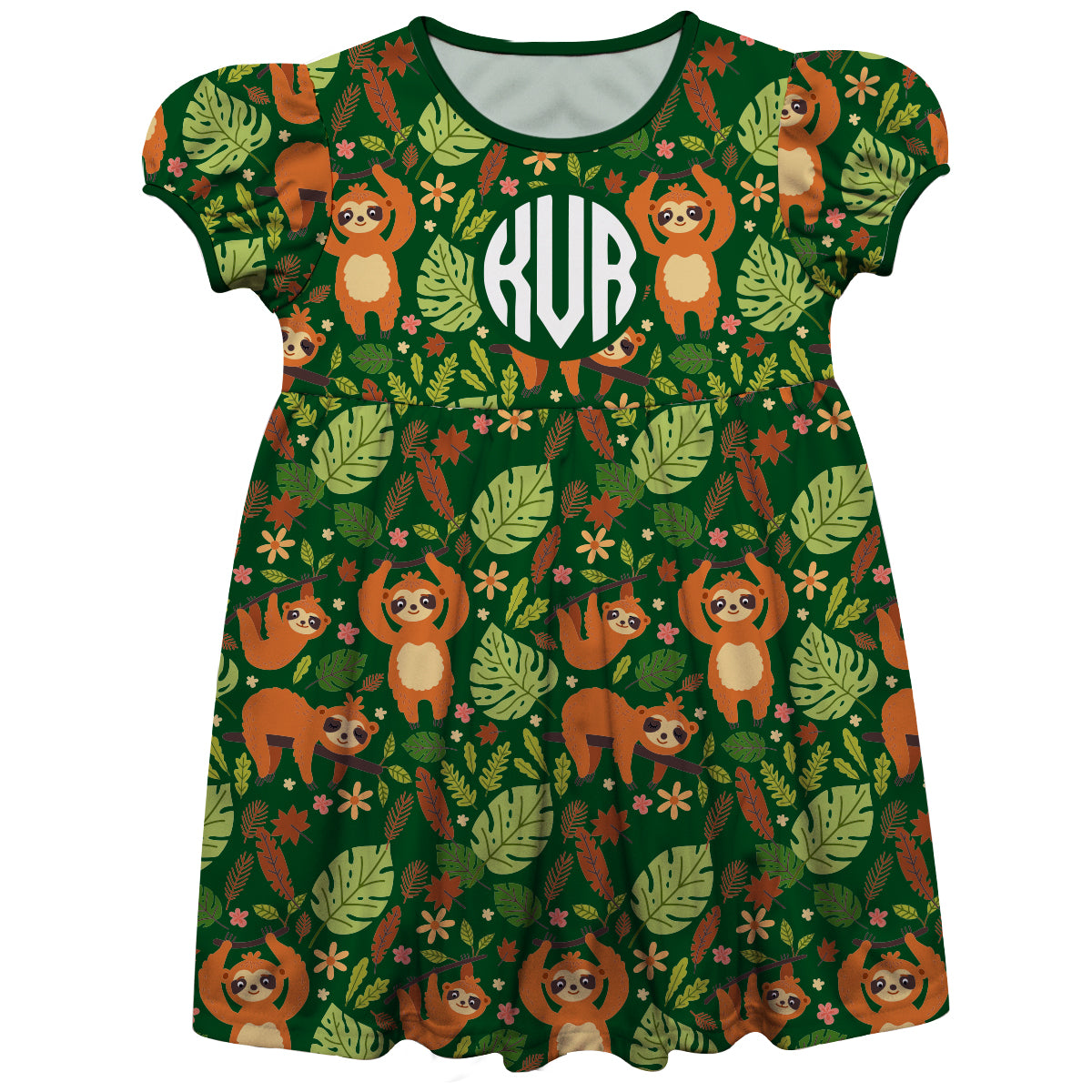 Sloth Print Personalized Monogram Green Short Sleeve Epic Dress