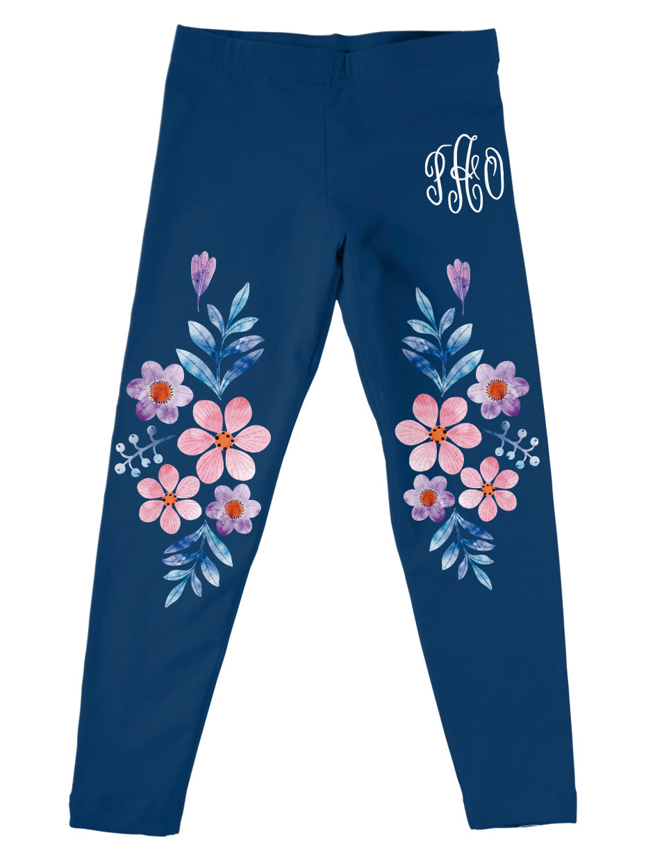 Flowers Personalized Monogram Navy Leggings