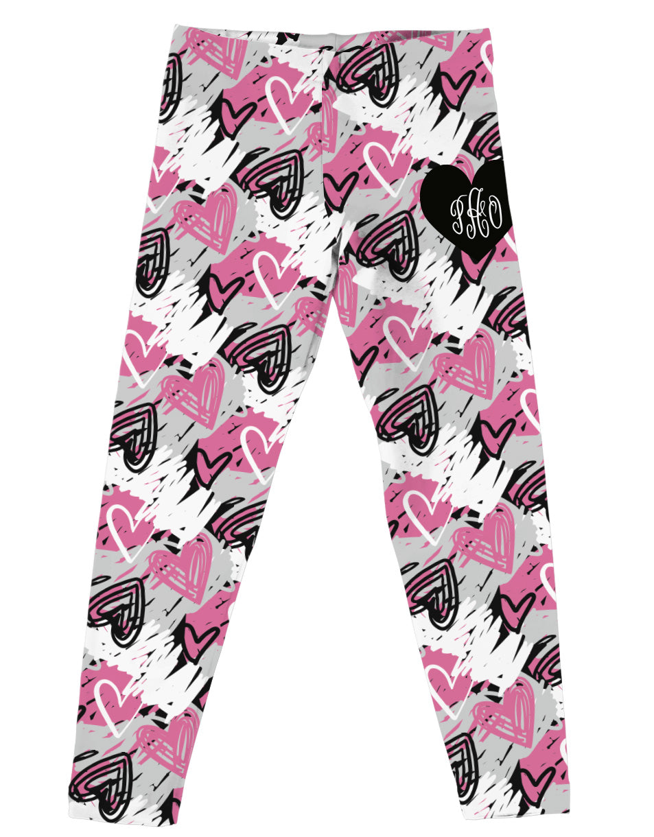 Hearts Print Personalized Monogram Gray White and Pink Leggings