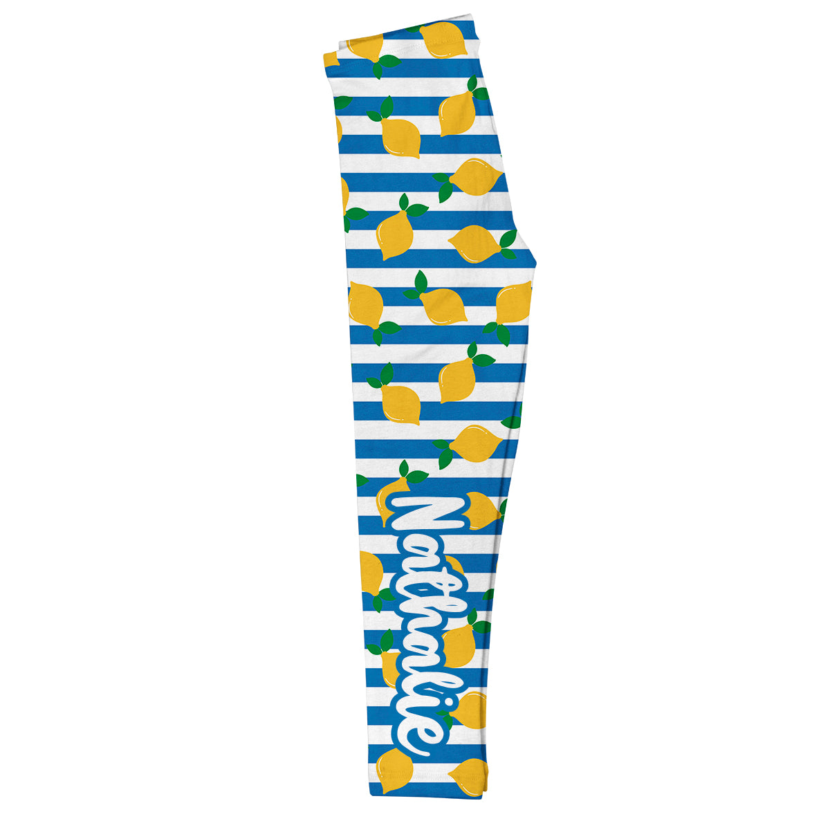Lemons Print Personalized Name White and Blue Stripes Leggings