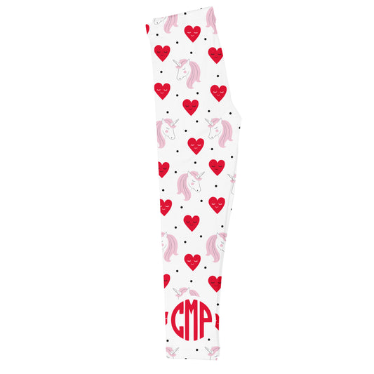 Unicorn and Heart Print Personalized Monogram White Leggings