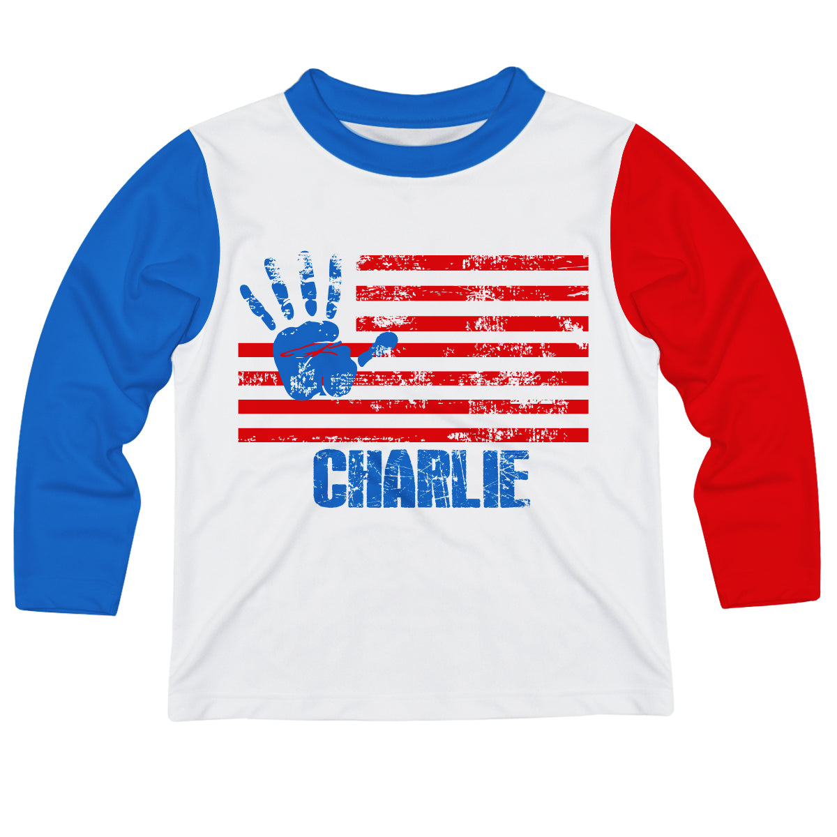 American Flag Personalized Name White Blue and Red Long Sleeve Tee Shirt