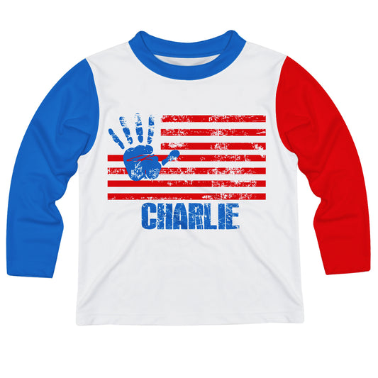 American Flag Personalized Name White Blue and Red Long Sleeve Tee Shirt