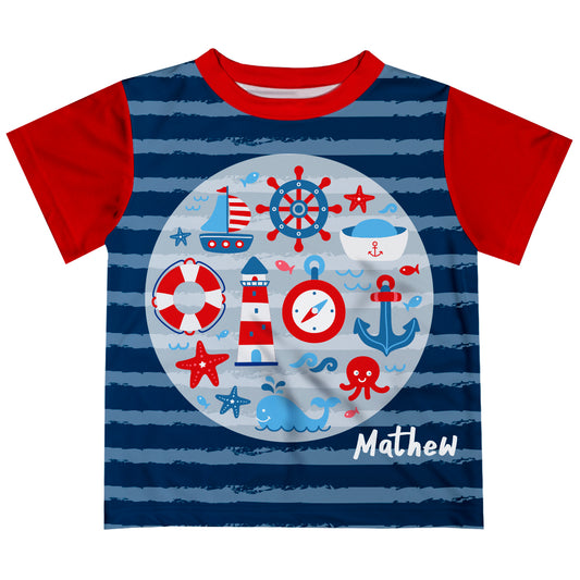 Nautical Elements Name Navy and  Light Blue Stripes Short Sleeve Tee Shirt