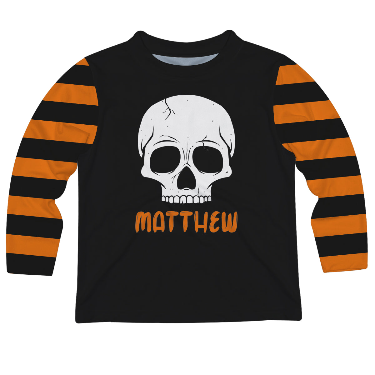 Skull Name Black And Orange Stripes Long Sleeve Tee Shirt
