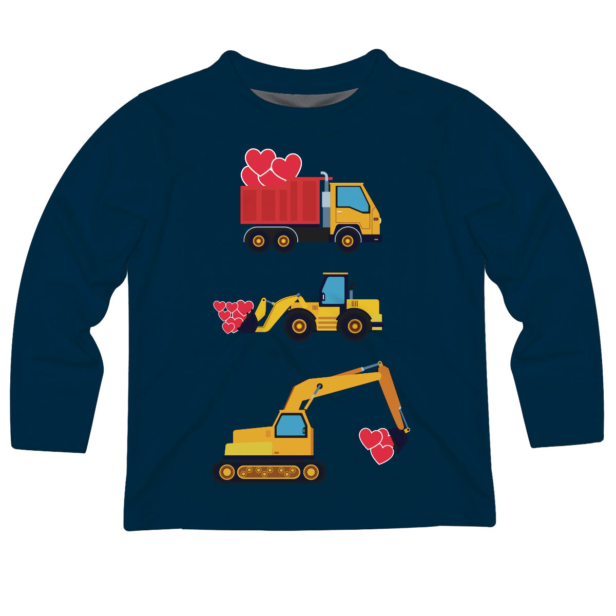 Construction Trucks and Valentines Hearts Navy Long Sleeve Tee Shirt