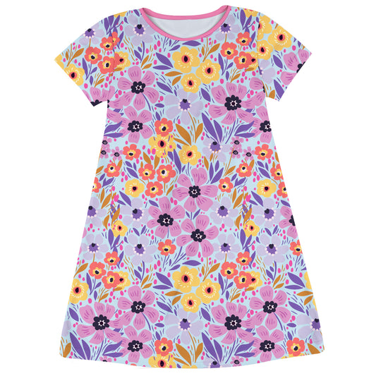 Floral Print Light Blue and Pink Short Sleeve A Line Dress
