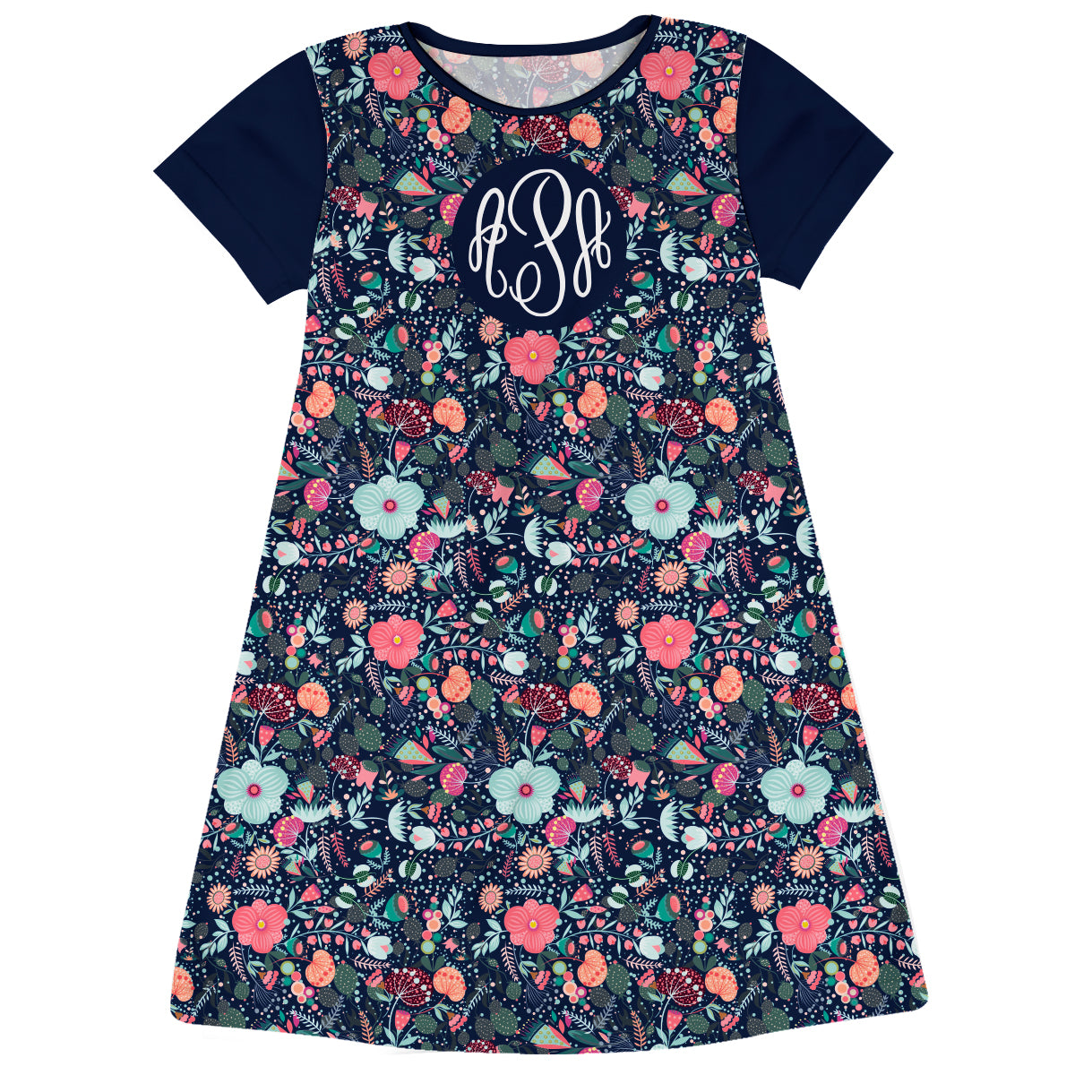 Flowers Print Personalized Monogram Navy Short Sleeve A Line Dress