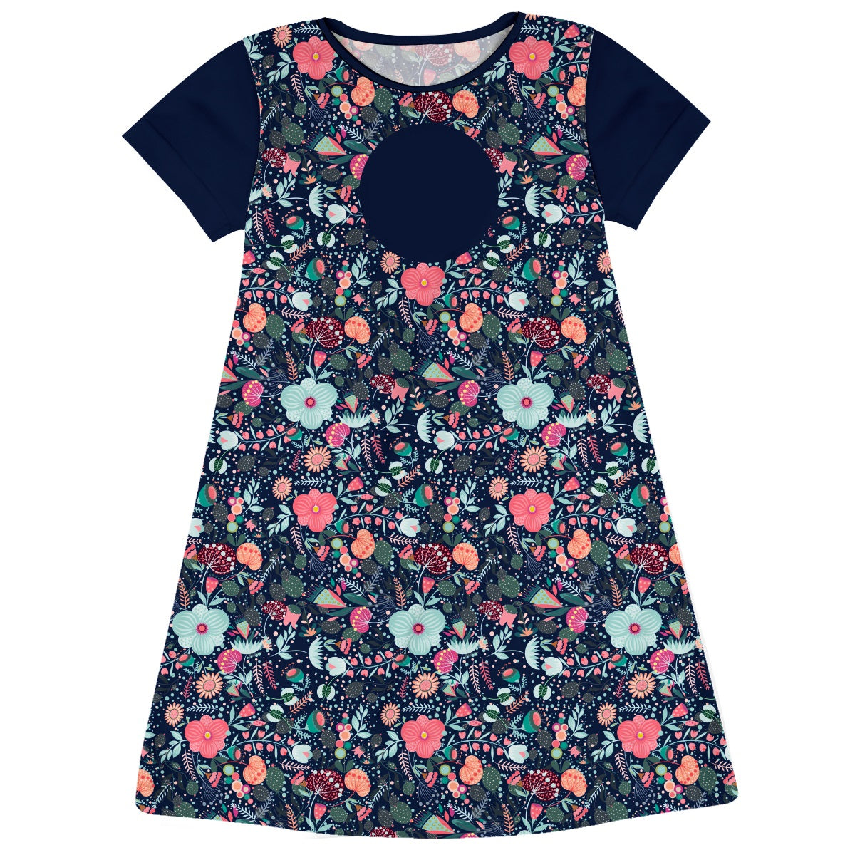Flowers Print Personalized Monogram Navy Short Sleeve A Line Dress - Wimziy&Co.