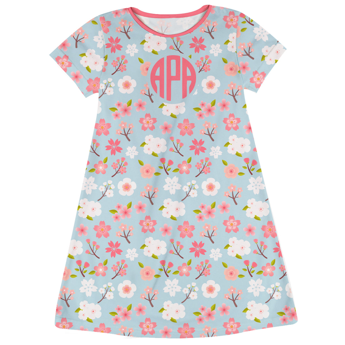 Flowers Print Personalized Monogram Light Blue Short Sleeve A Line Dress