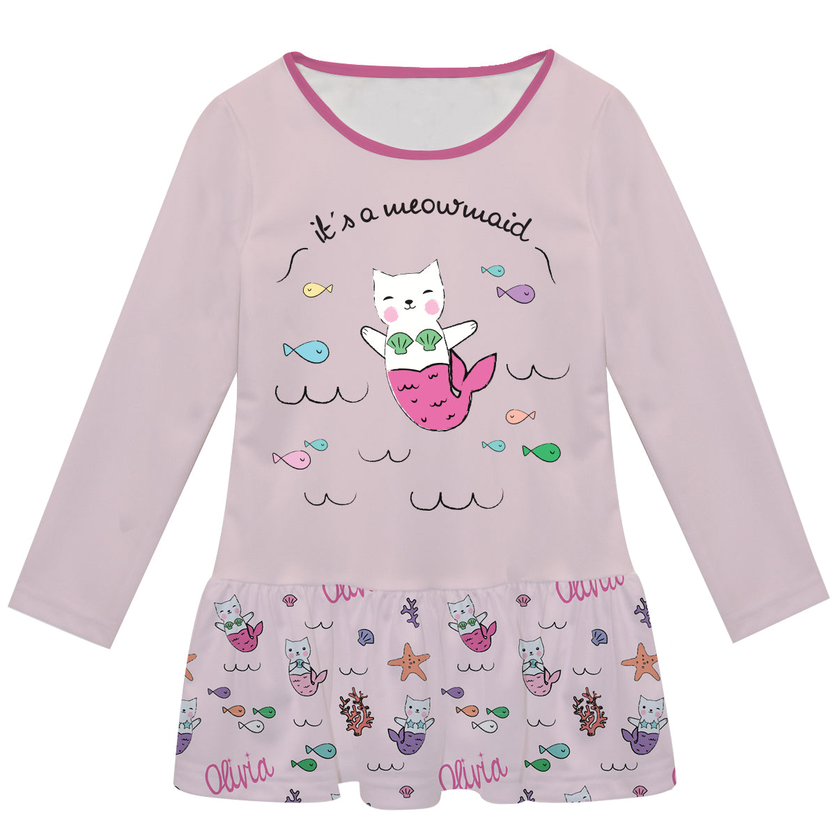 Cat Mermaid Pink Lily Dress Long Sleeve