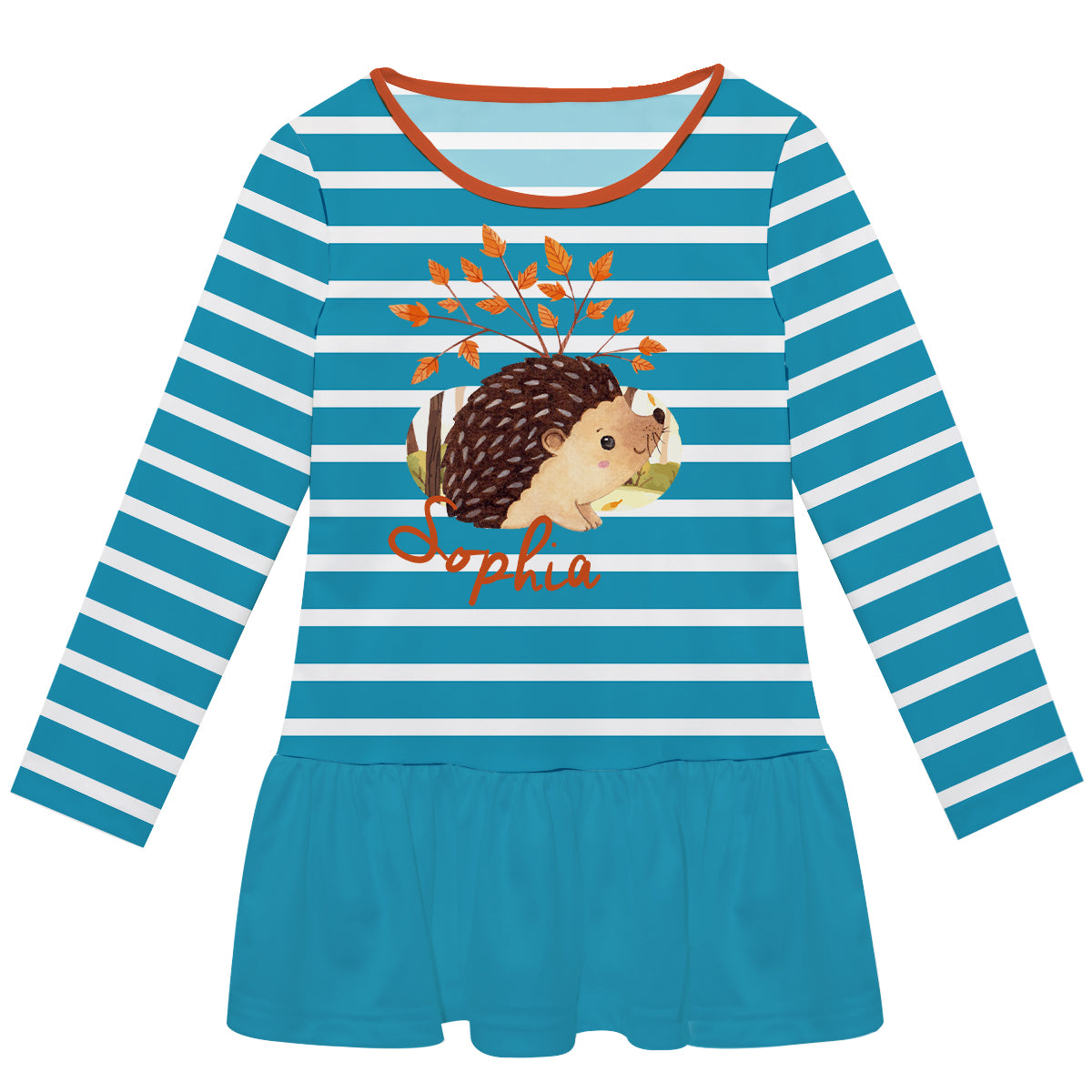 Hedgehog Personalized Name Teal and White Stripes Long Sleeve Lily Dress