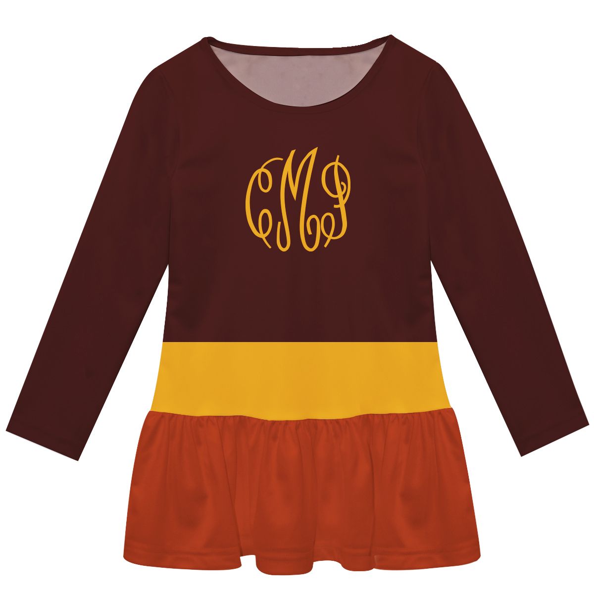 Personalized Monogram Brown Orange and Yellow Long Sleeve Lily Dress