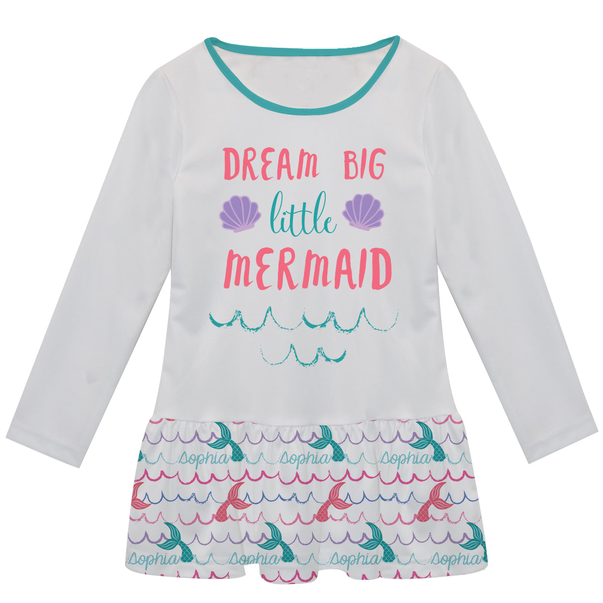 Mermaid´s Tail White And Aqua Lily Dress Long Sleeve