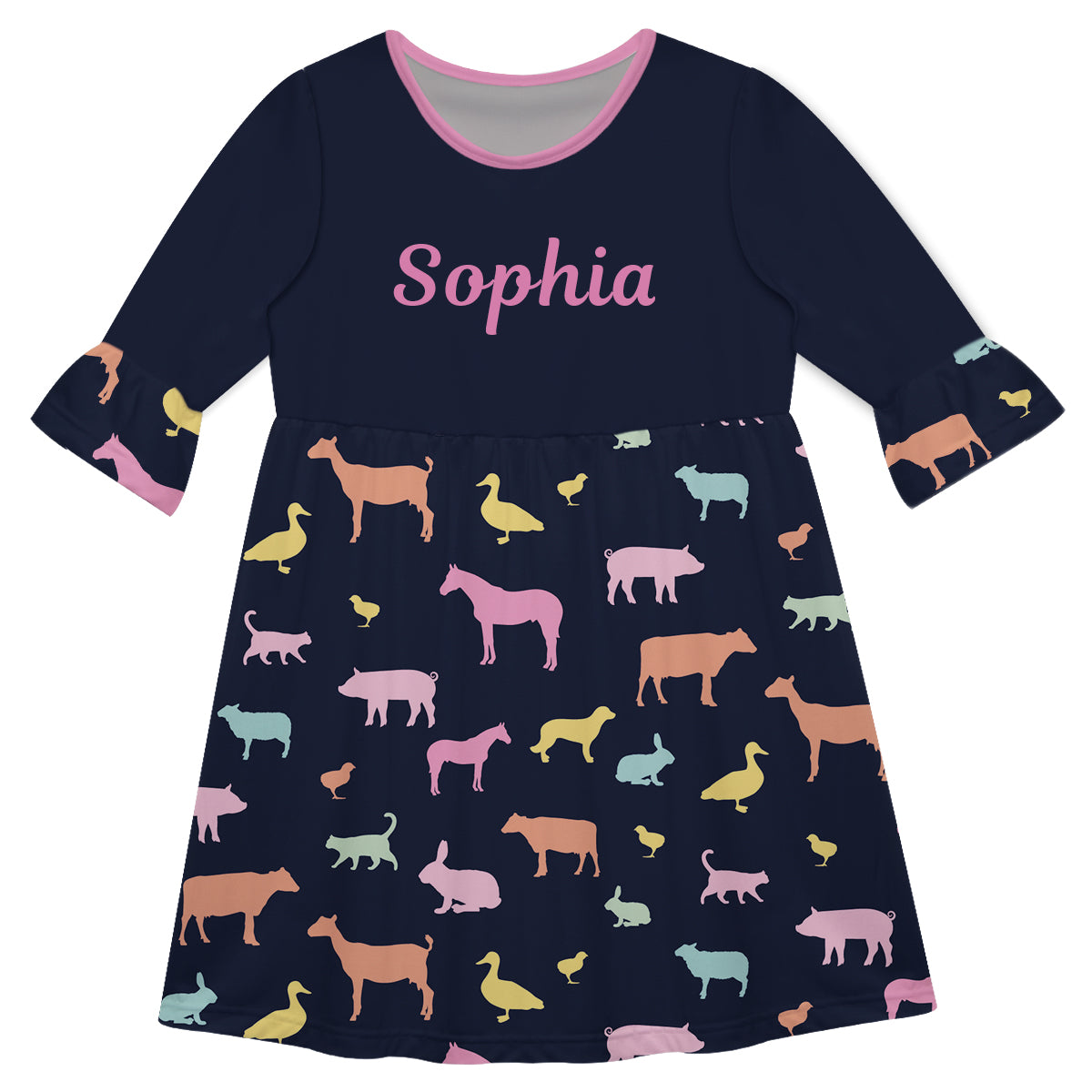 Farm Animals Print Name Navy Amy Dress 3/4 Sleeve