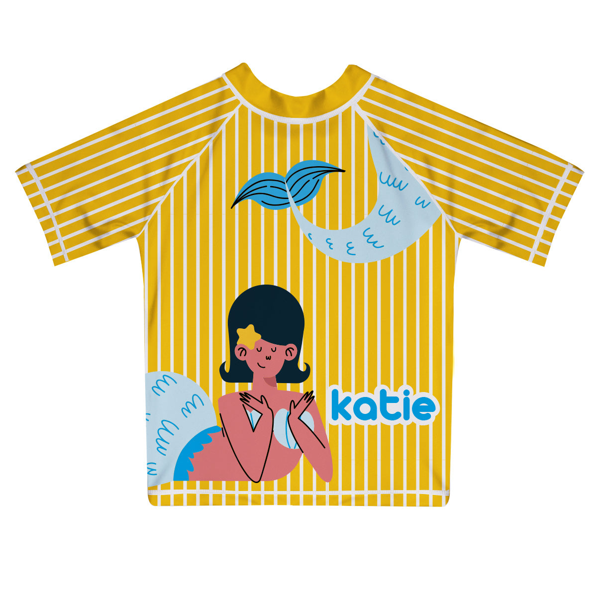 Mermaid Striped Personalized Name Yellow Short Sleeve Rash Guard