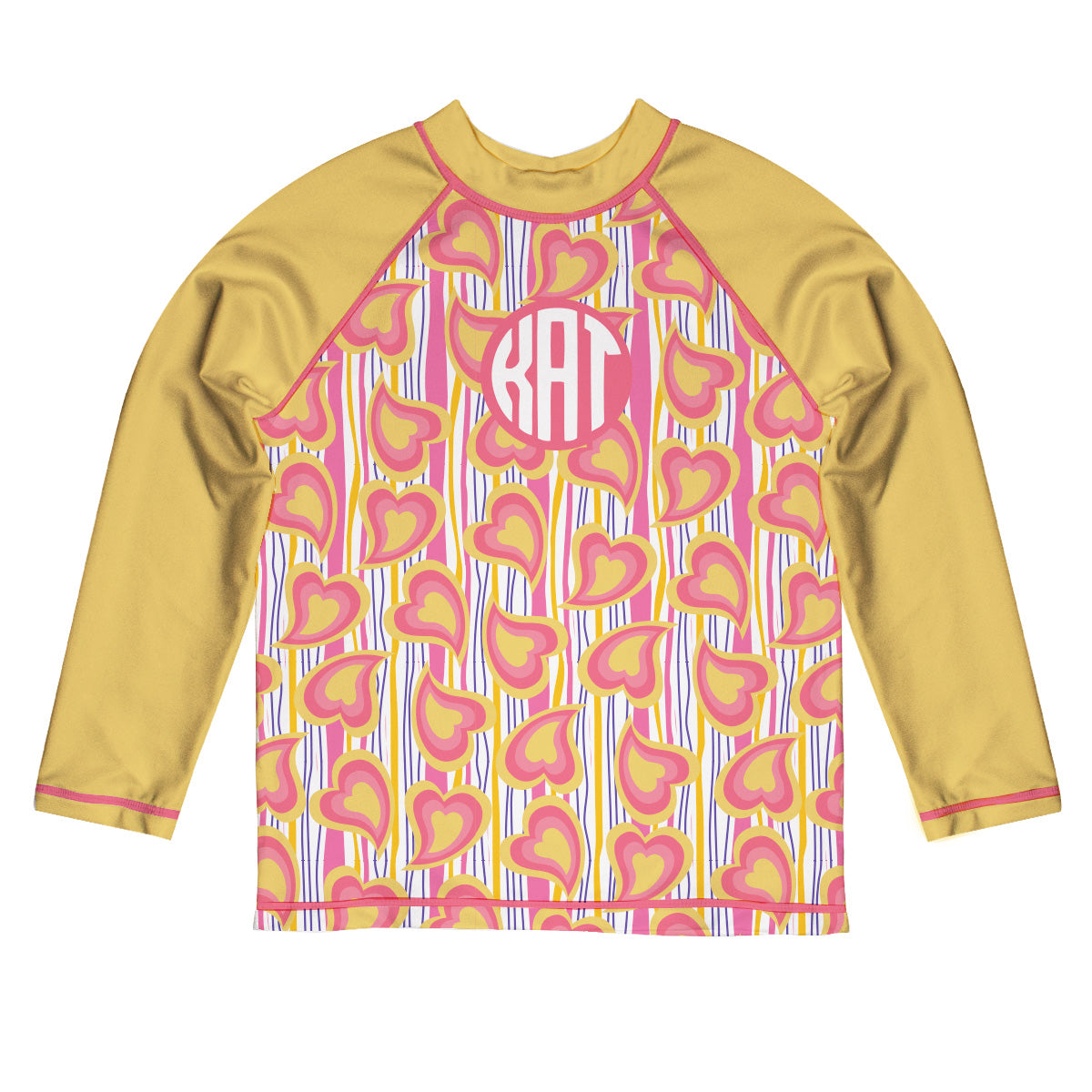 Abstract Hearts Print Personalized Monogram Pink and Yellow Long Sleeve Rash Guard