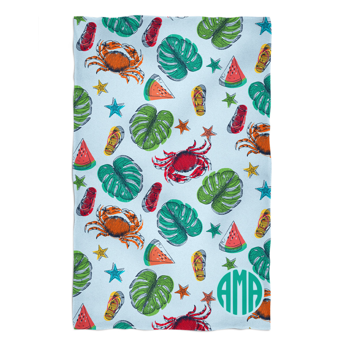 Summer Print  Personalized Monogram Ligh Blue and Red Towel 51 x 32""